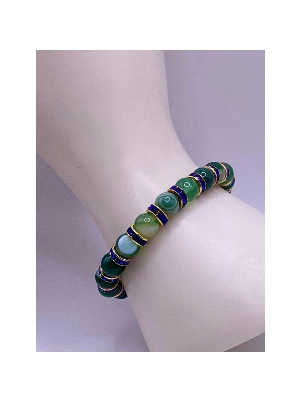Round Green Bead Bracelet Sapphire & Gold Color Spacers Size: Small Wrist